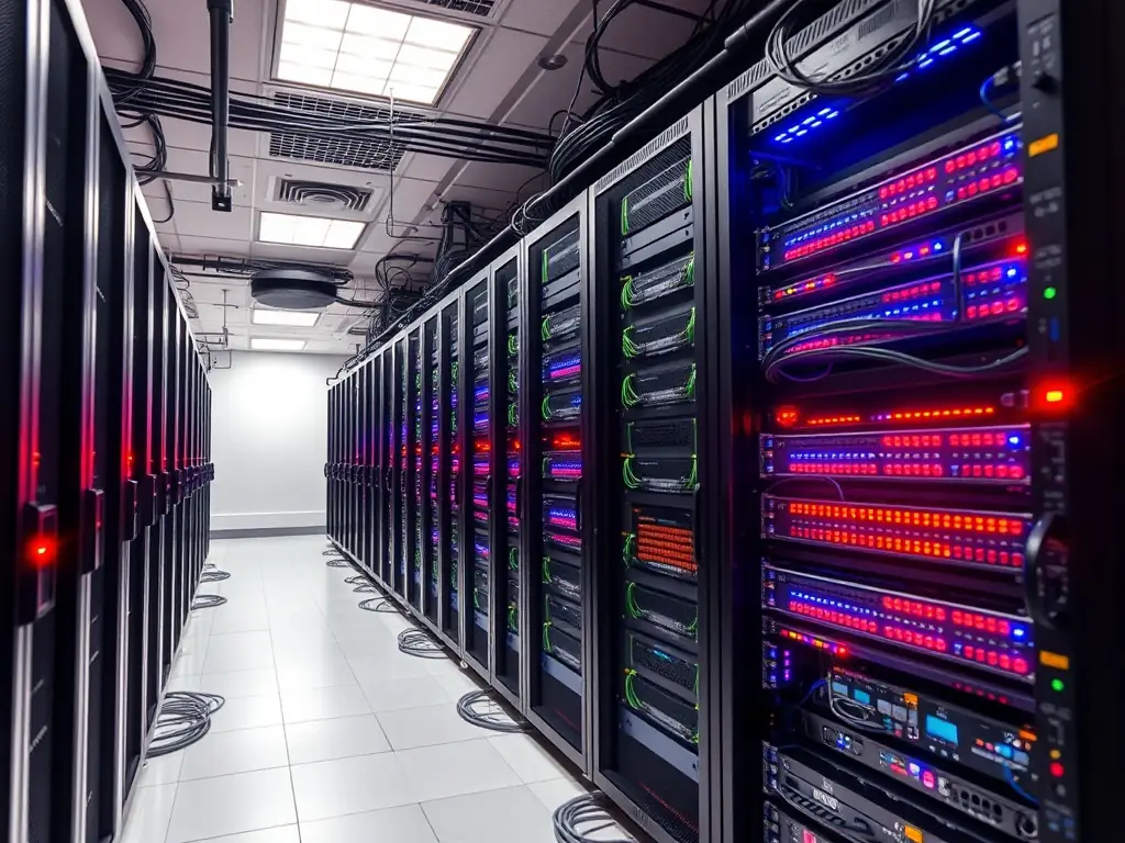A neat and organized server room with color-coded cables, illustrating structured cabling solutions provided by Connective Solutions.