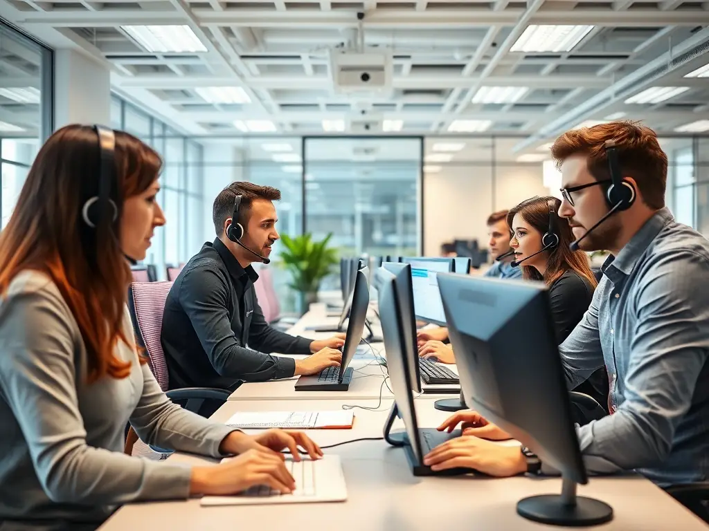 A modern office setting with employees using VoIP phones, showcasing the clarity and efficiency of Connective Solutions' VoIP systems.