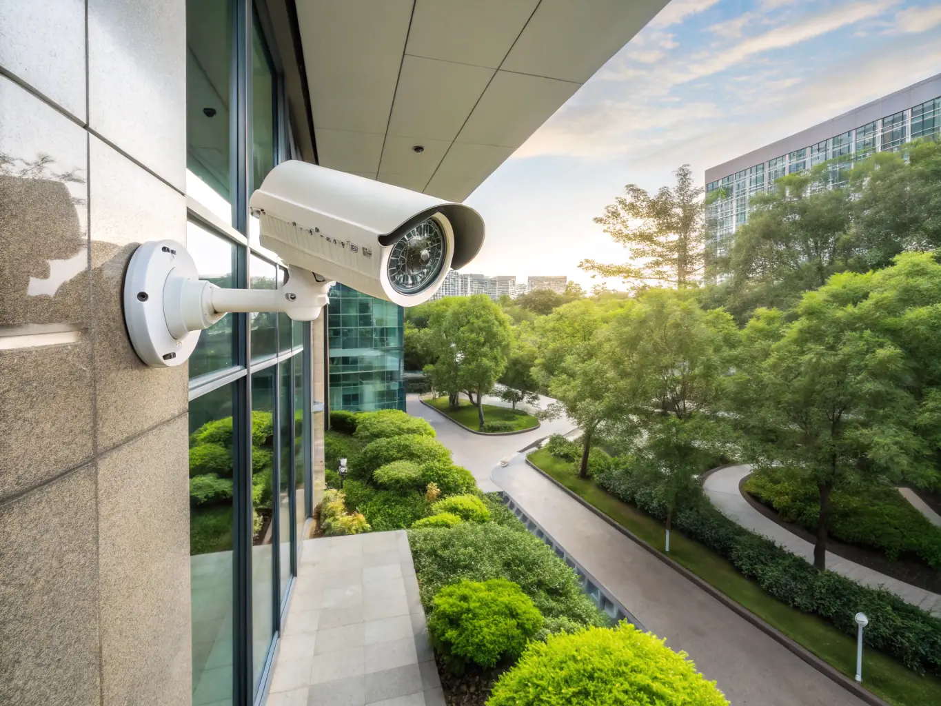 High-resolution surveillance cameras monitoring a commercial property, emphasizing the security solutions offered by Connective Solutions.